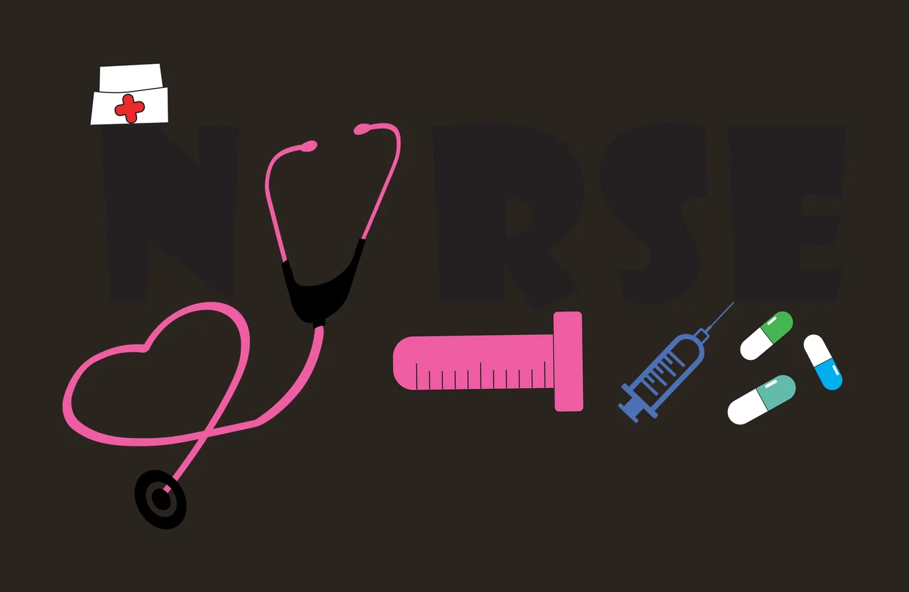 NURSE Typography Design with NURSE text, pink stethoscope, nurse cap with red cross and pink syringe in black and blue contrast preview thumbnail