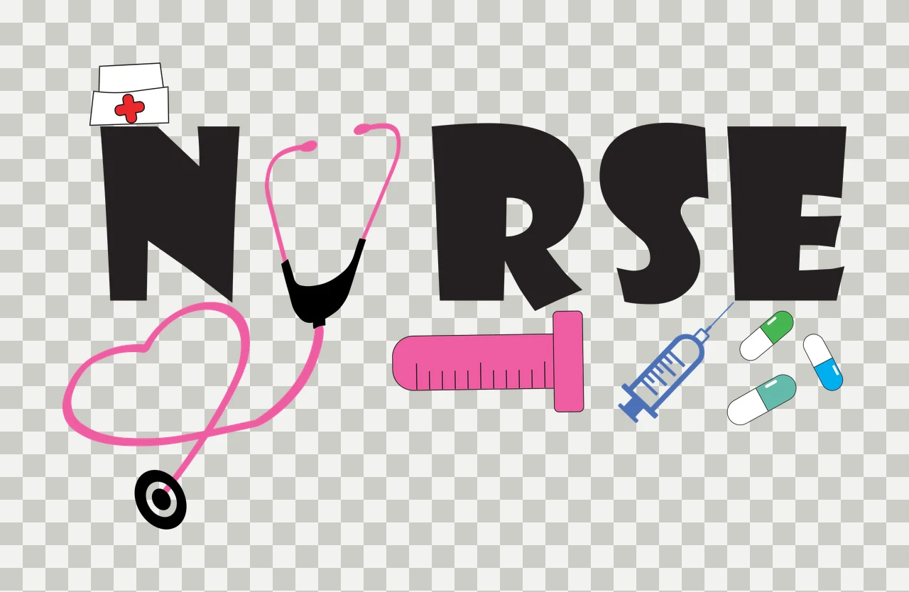 NURSE Typography Design with NURSE text, pink stethoscope, nurse cap with red cross and pink syringe in black and blue transparency and detail preview thumbnail