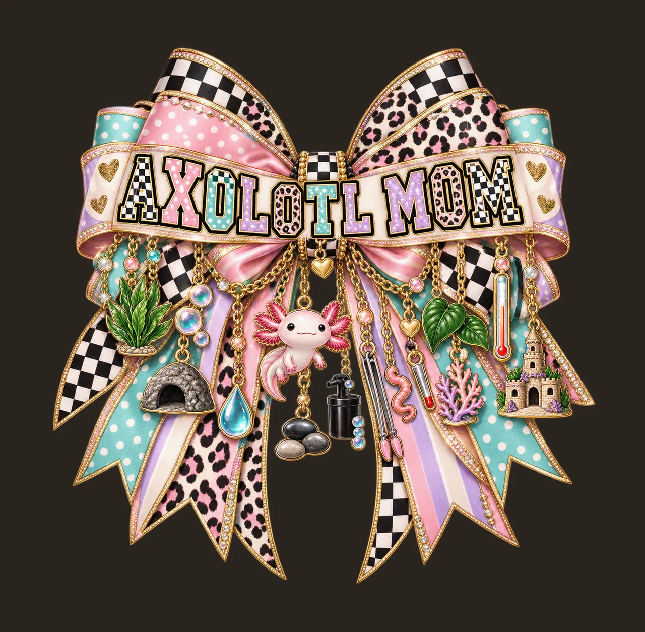 Axolotl Mom Bow Charm PNG, Patterned Varsity Mom Ribbon Clipart, Transparent Sublimation Digital Download contrast preview thumbnail