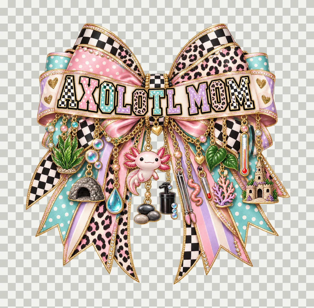 Axolotl Mom Bow Charm PNG, Patterned Varsity Mom Ribbon Clipart, Transparent Sublimation Digital Download transparency and detail preview thumbnail