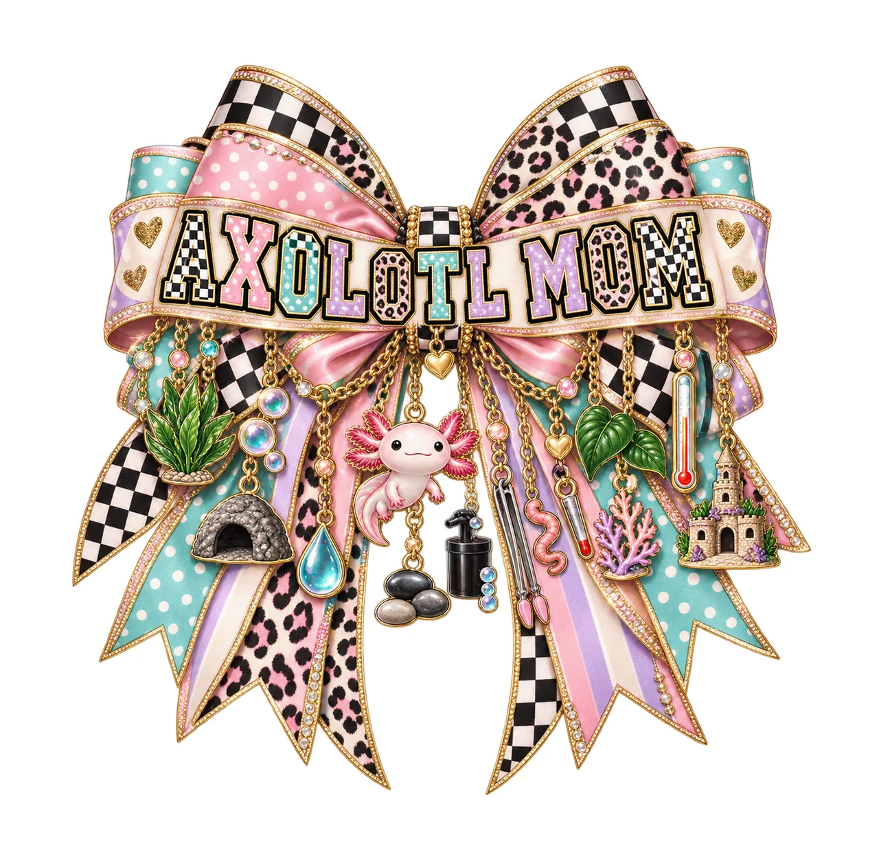Axolotl Mom Bow Charm PNG, Patterned Varsity Mom Ribbon Clipart, Transparent Sublimation Digital Download