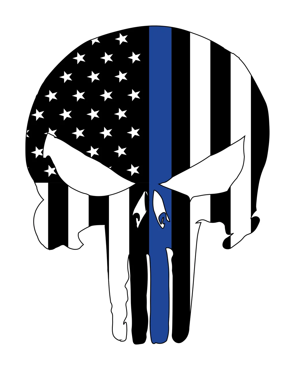 Skull silhouette Illustration with stars, stripes and blue line in black and white