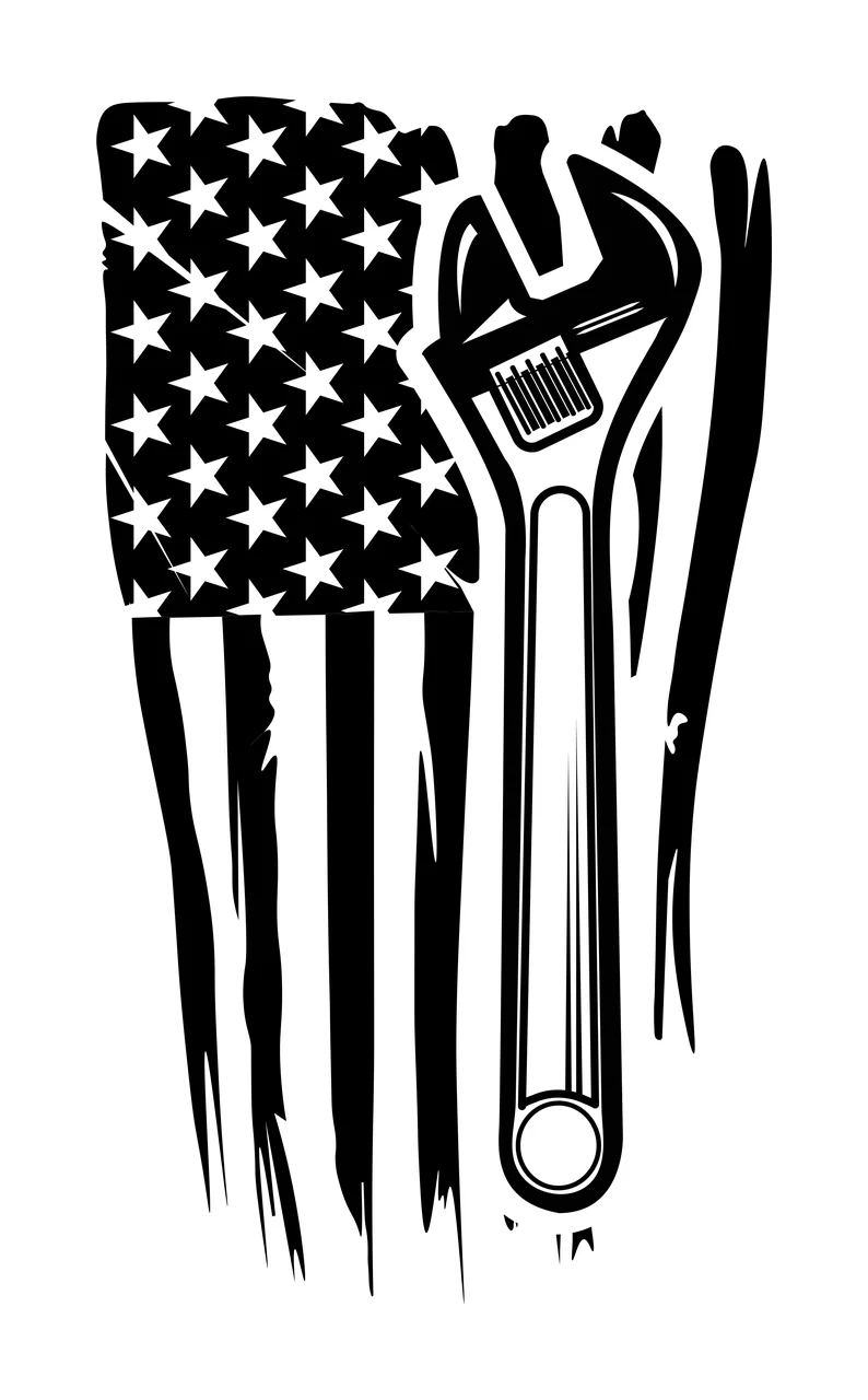 Wrench On American Flag Pattern placed distressed black white
