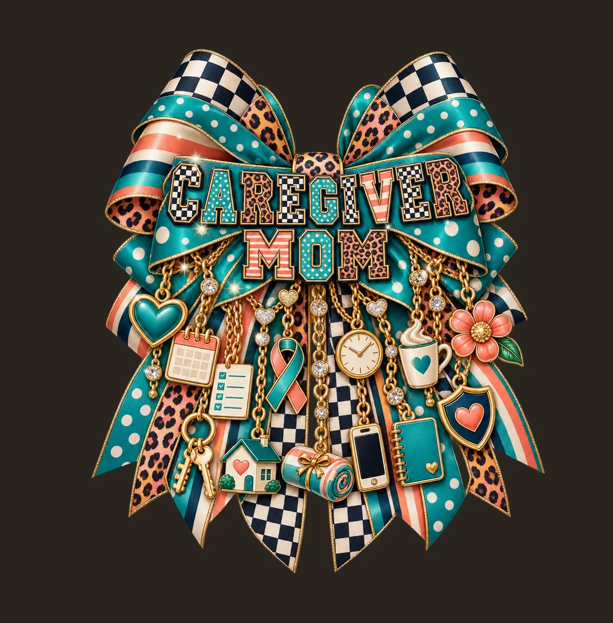 Caregiver Mom Bow Charm PNG, Patterned Varsity Mom Ribbon Clipart, Transparent Sublimation Digital Download contrast preview thumbnail