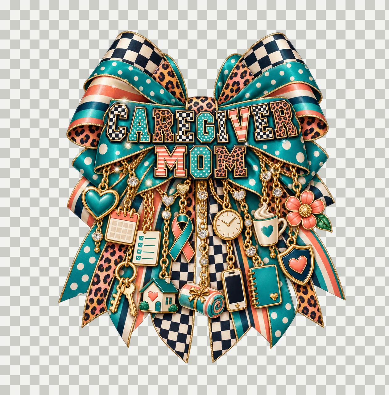 Caregiver Mom Bow Charm PNG, Patterned Varsity Mom Ribbon Clipart, Transparent Sublimation Digital Download transparency and detail preview thumbnail