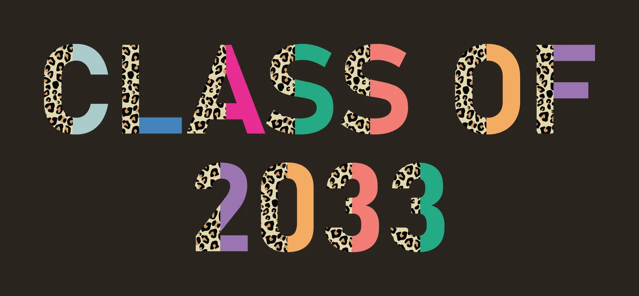 CLASS OF 2033 graduation year typography with block letters, leopard print pattern and split color design in tan, teal and pink contrast preview thumbnail