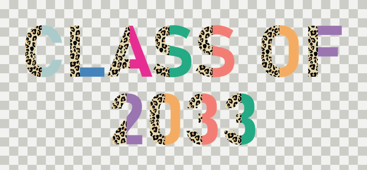 CLASS OF 2033 graduation year typography with block letters, leopard print pattern and split color design in tan, teal and pink transparency and detail preview thumbnail