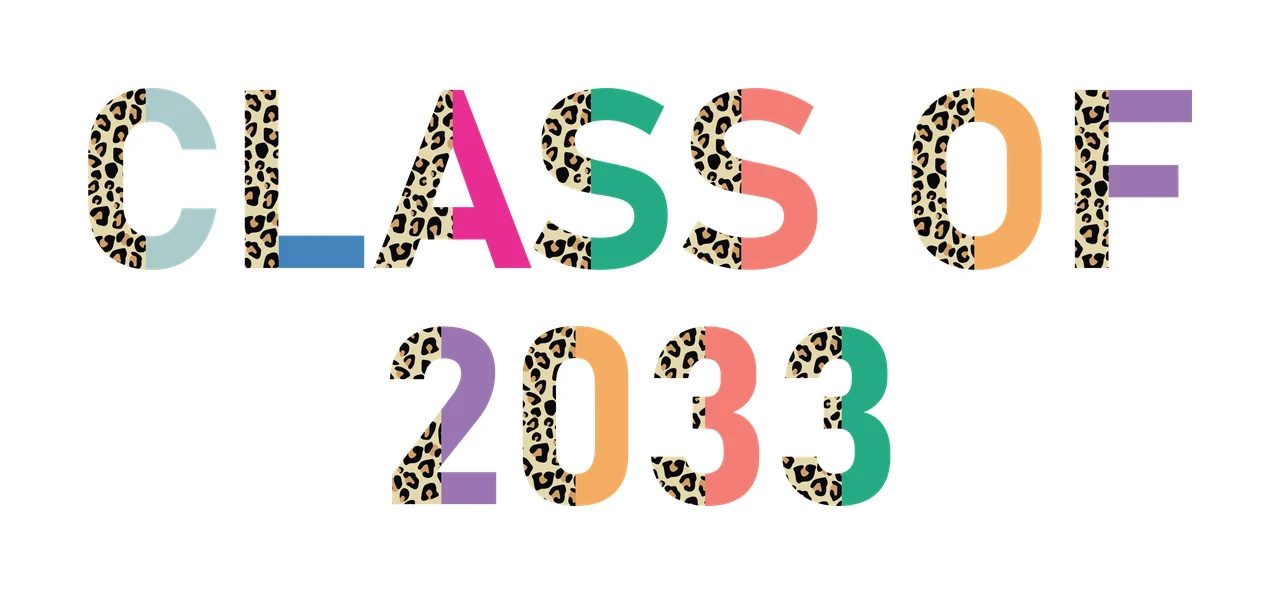 CLASS OF 2033 graduation year typography with block letters, leopard print pattern and split color design in tan, teal and pink