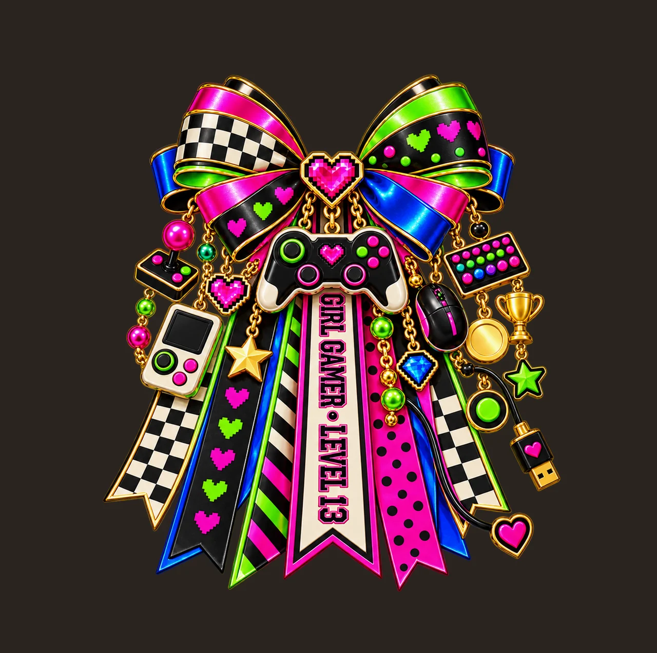 Girl Gamer Level 13 Bow Charm PNG, Patterned Coquette Bow Clipart, Transparent Sublimation Digital Download contrast preview thumbnail