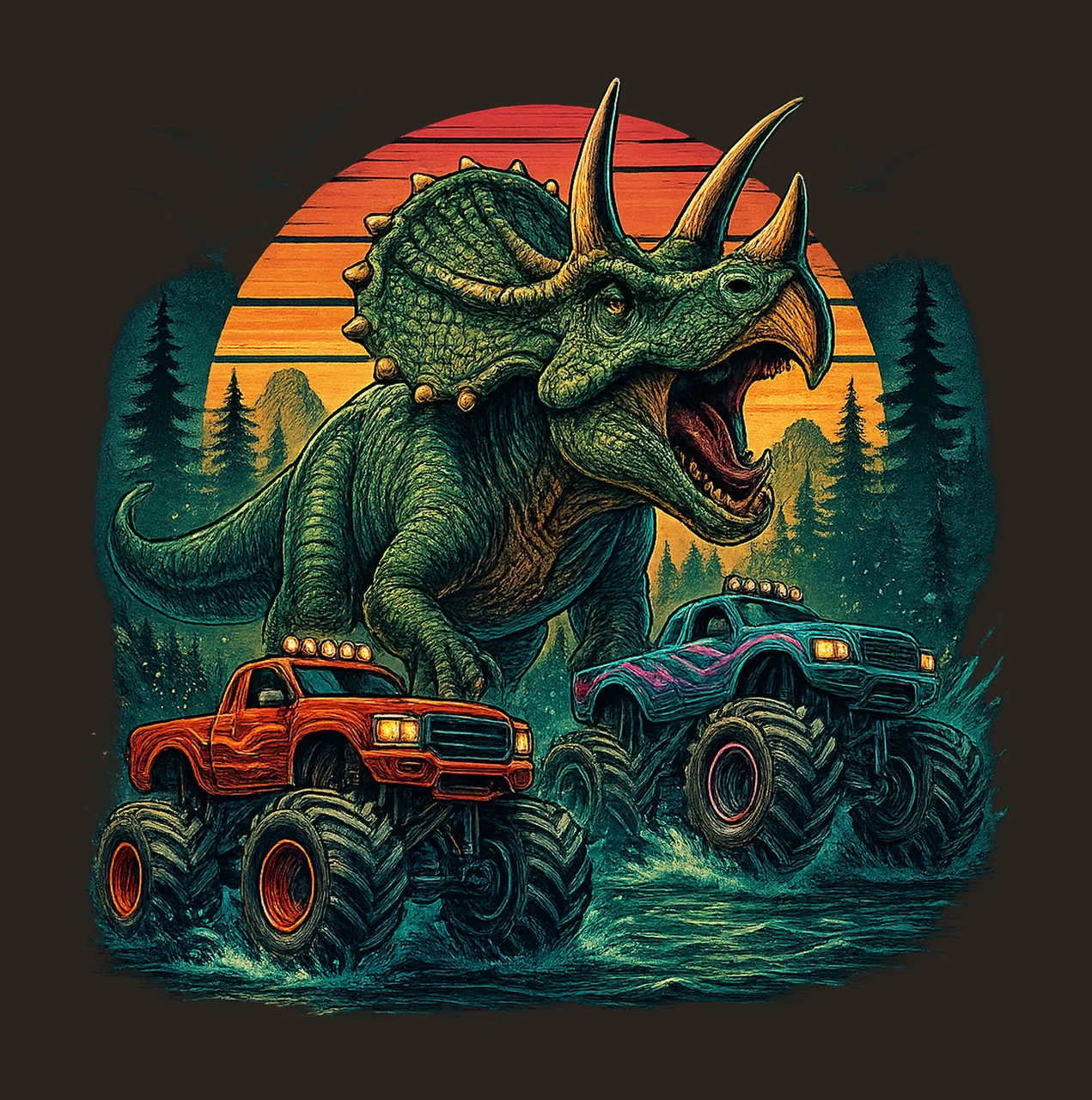 Dinosaur Big Trucks Watercolor Sublimation Design Kids Shirt contrast preview thumbnail