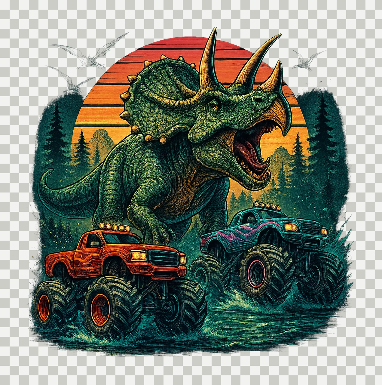 Dinosaur Big Trucks Watercolor Sublimation Design Kids Shirt transparency and detail preview thumbnail