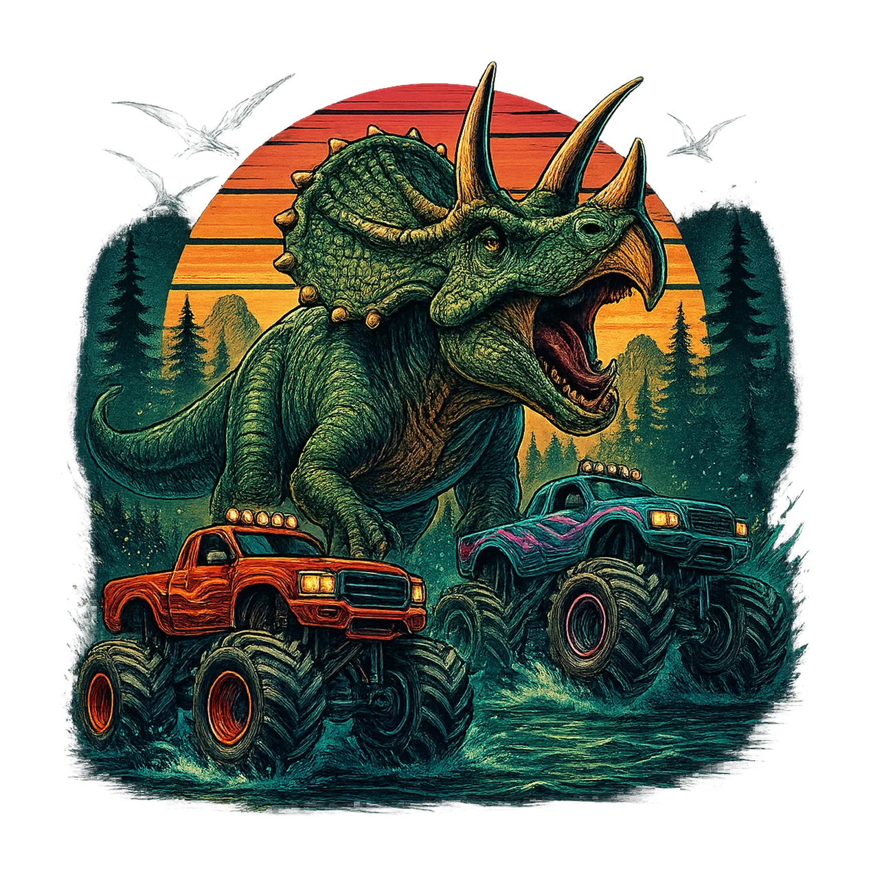 Dinosaur Big Trucks Watercolor Sublimation Design Kids Shirt