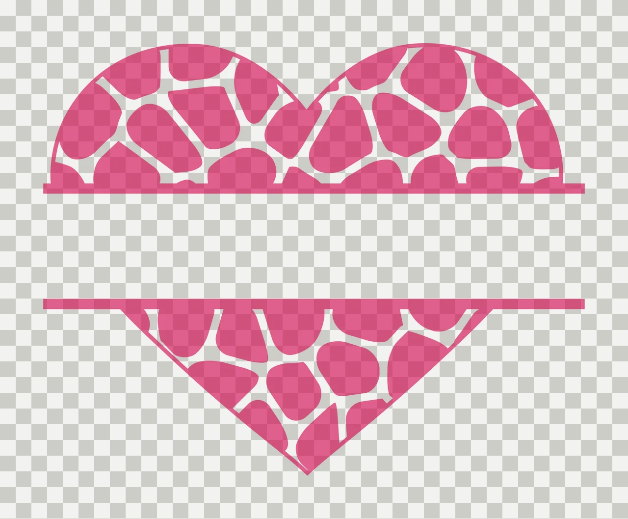 Split heart monogram frame with heart shape, giraffe pattern, animal spots and horizontal split frame in pink and white transparency and detail preview thumbnail