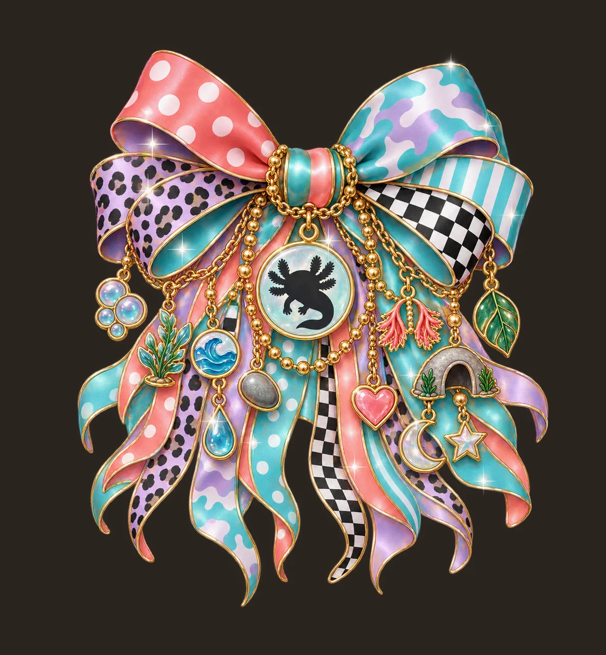 Axolotl Lover Bow Charm PNG, Themed Gold Chain Charms, Coquette Ribbon Sublimation Design, Transparent Digital Download contrast preview thumbnail