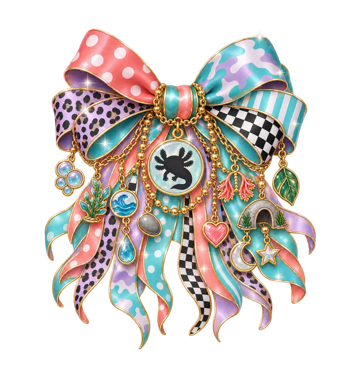 Axolotl Lover Bow Charm PNG, Themed Gold Chain Charms, Coquette Ribbon Sublimation Design, Transparent Digital Download