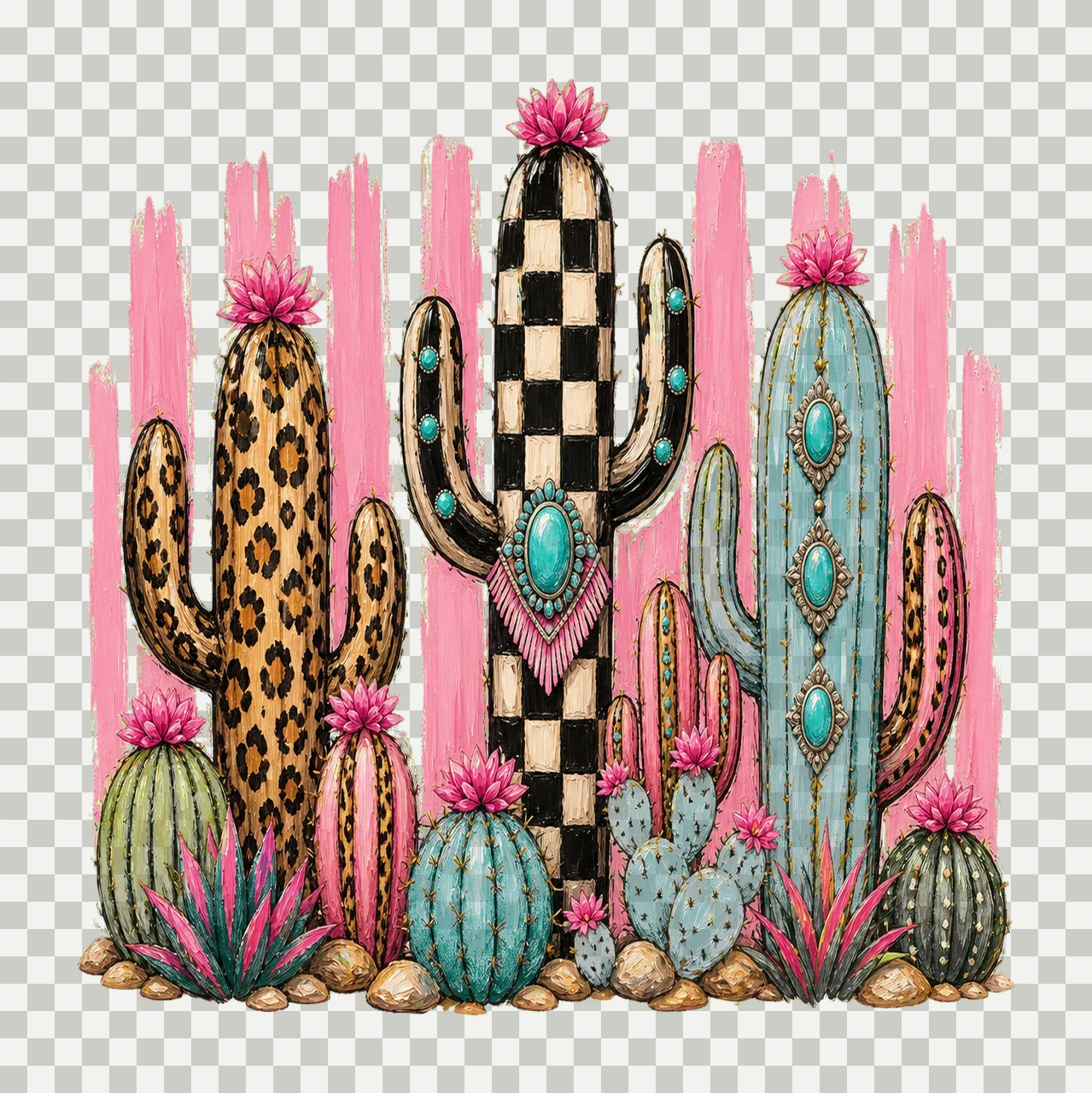 Leopard Checkerboard Western Cactus Faux Oil Variation B transparency and detail preview thumbnail