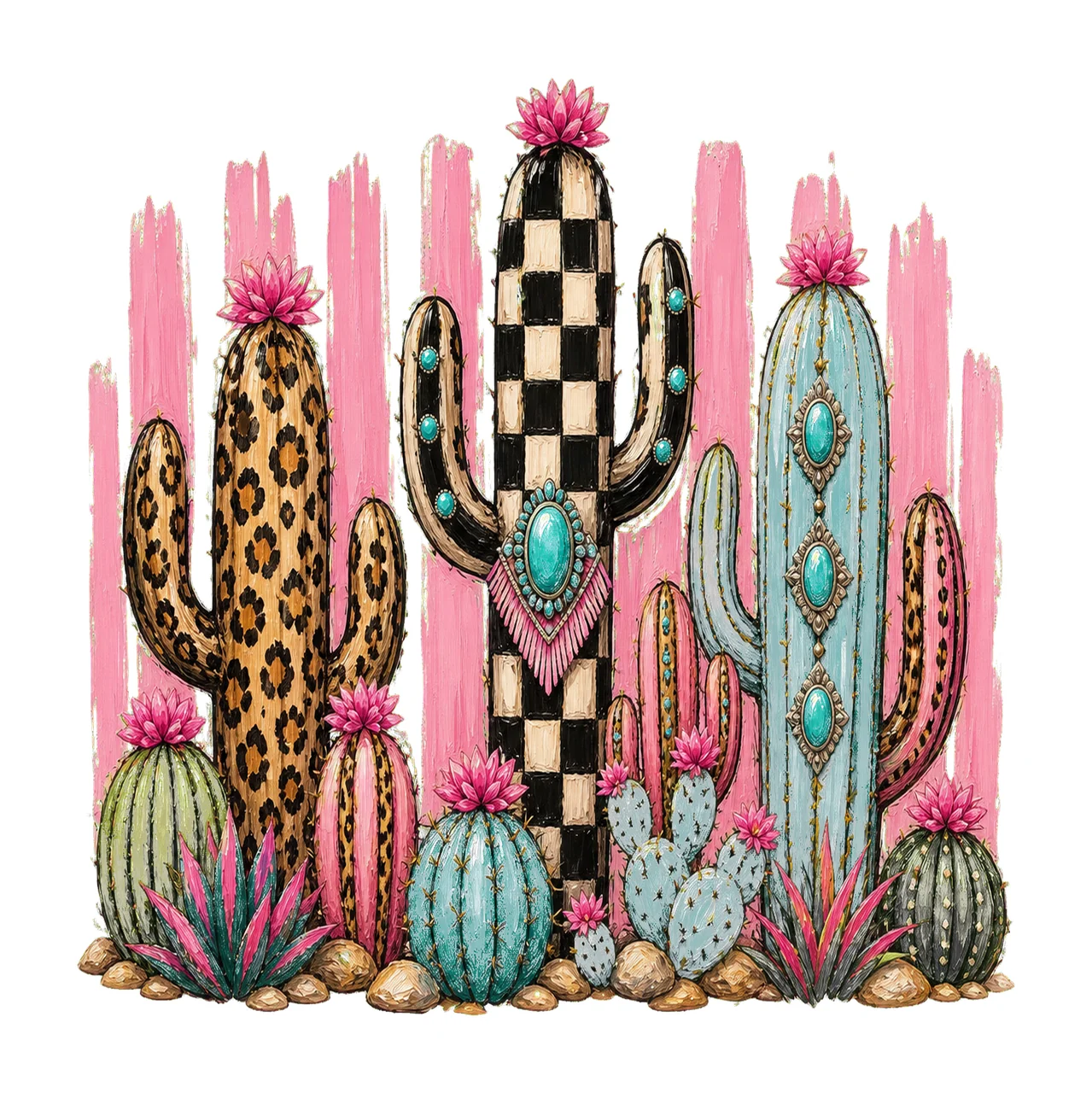 Leopard Checkerboard Western Cactus Faux Oil Variation B