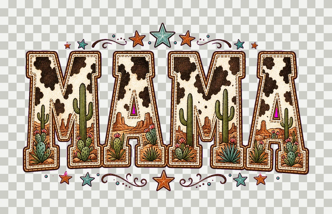 Western Mama Sublimation Shirt Cowgirl Cowhide Cactus Fill transparency and detail preview thumbnail