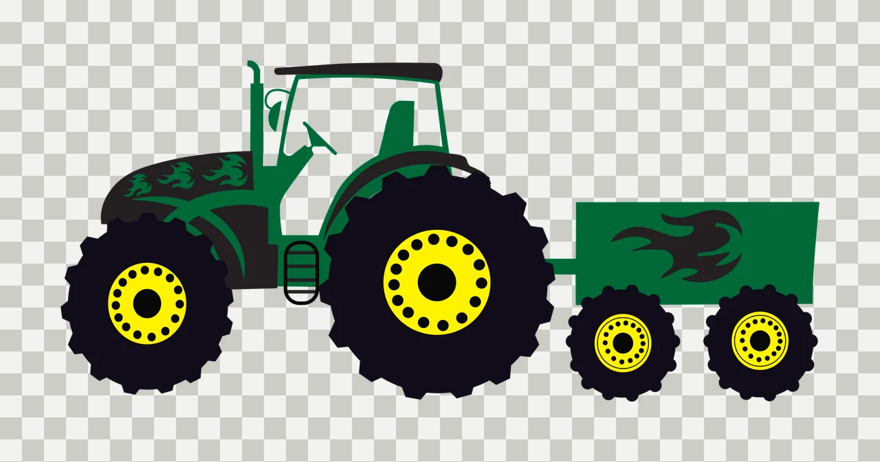 Tractor with trailer Illustration with flame decals, wheels, yellow rims and steering wheel in green and black transparency and detail preview thumbnail