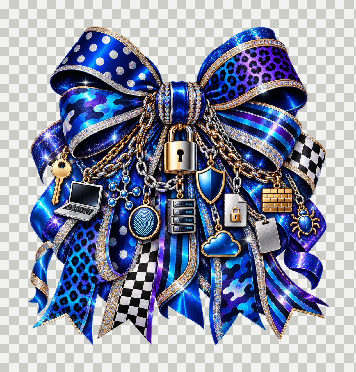 Cybersecurity Data Privacy Bow Charm PNG, Lock Shield Server and Fingerprint Charms, Tech Sublimation Design transparency and detail preview thumbnail