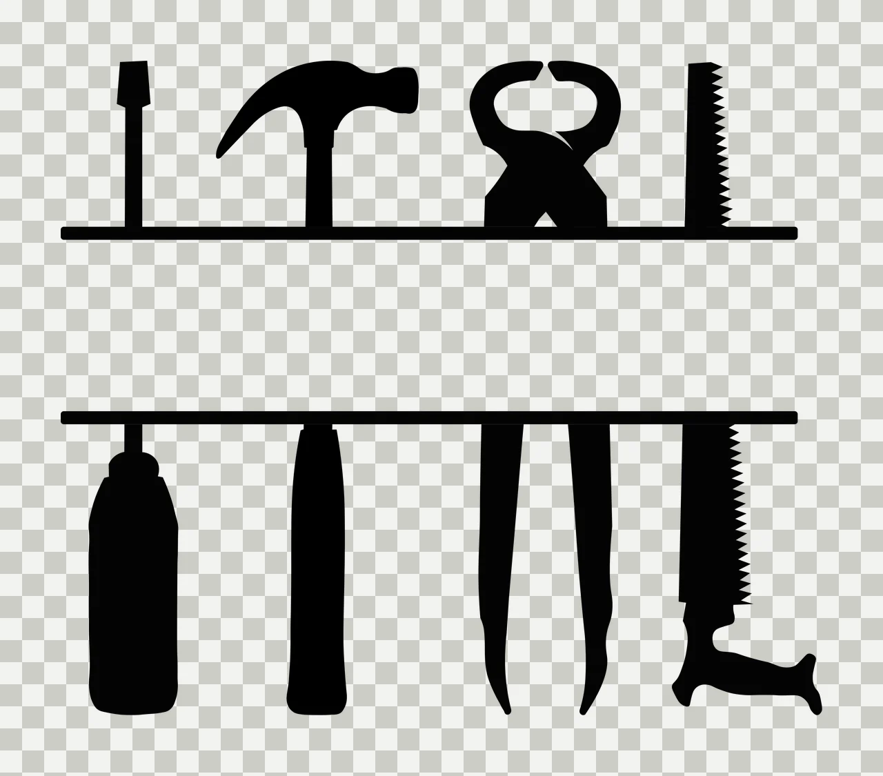 Silhouette Design of tools split monogram frame with screwdriver, claw hammer, pincers and hand saw in black and white transparency and detail preview thumbnail