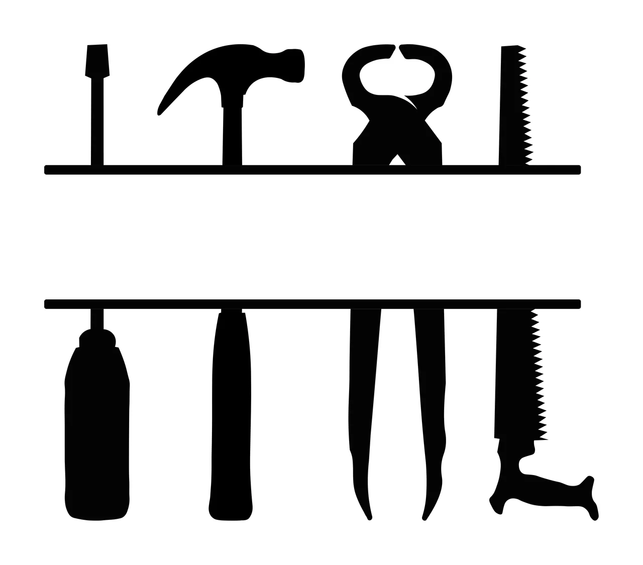 Silhouette Design of tools split monogram frame with screwdriver, claw hammer, pincers and hand saw in black and white