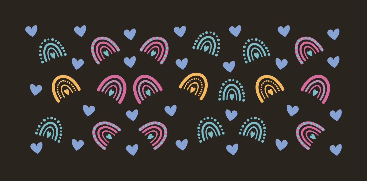 Cartoon Illustration of Rainbow and heart pattern design with blue hearts, rainbows with dots and small hearts, pink rainbows and orange rainbows contrast preview thumbnail