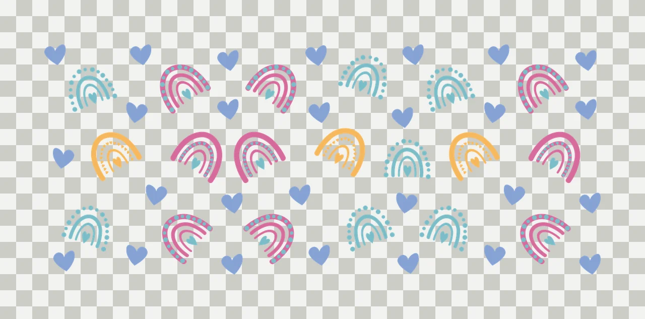 Cartoon Illustration of Rainbow and heart pattern design with blue hearts, rainbows with dots and small hearts, pink rainbows and orange rainbows transparency and detail preview thumbnail