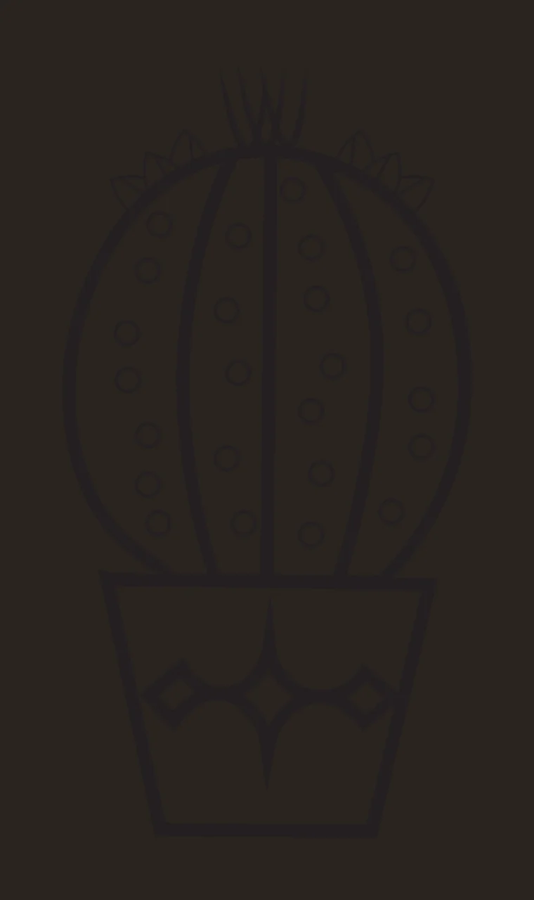 Line Art Illustration of Round cactus in decorative pot with vertical ridges, circular spines, leafy top accents and geometric-patterned pot in black and white contrast preview thumbnail