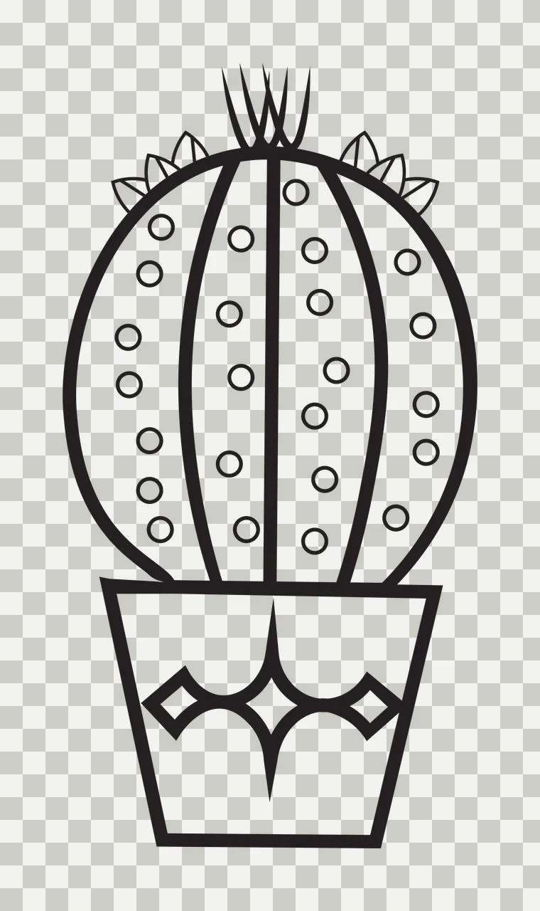Line Art Illustration of Round cactus in decorative pot with vertical ridges, circular spines, leafy top accents and geometric-patterned pot in black and white transparency and detail preview thumbnail