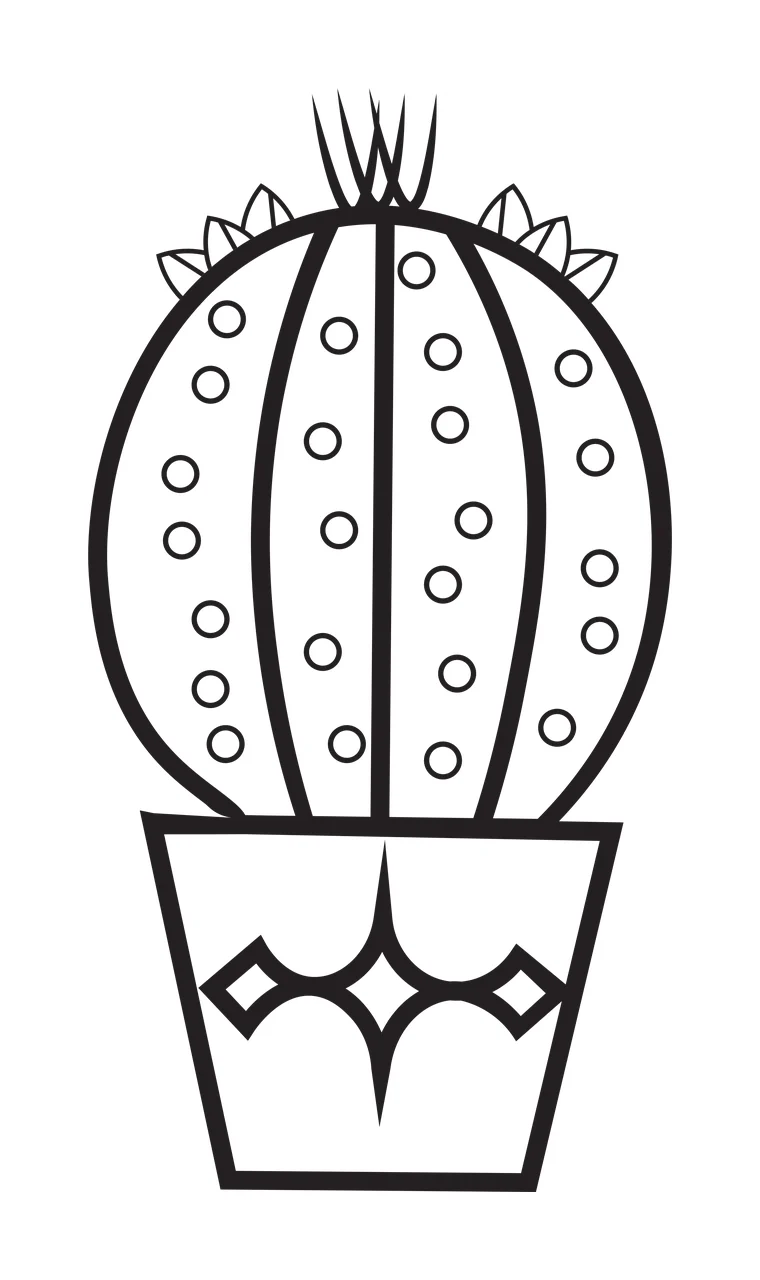 Line Art Illustration of Round cactus in decorative pot with vertical ridges, circular spines, leafy top accents and geometric-patterned pot in black and white