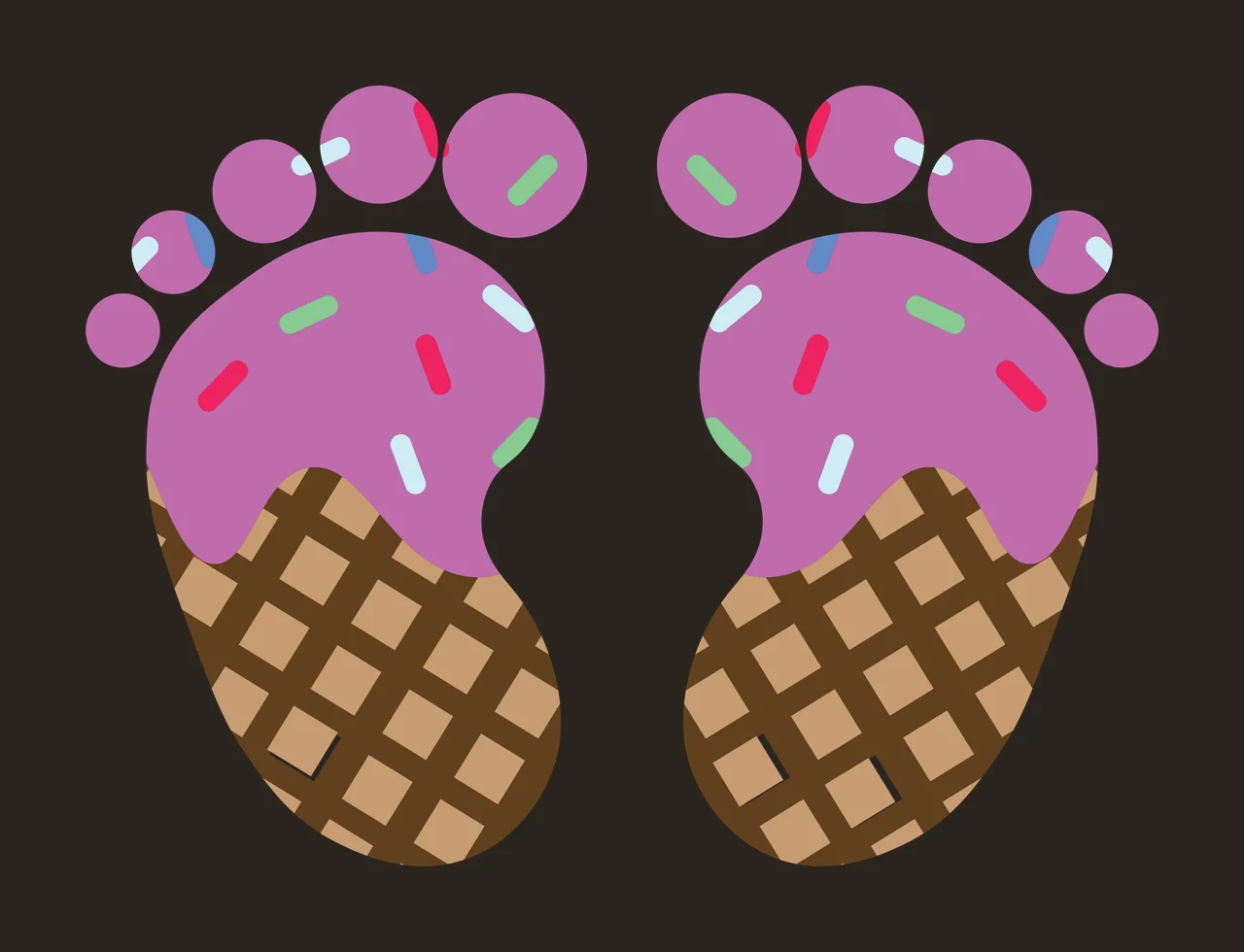 Ice cream footprints design with purple ice cream scoop, brown waffle cone sole, multicolored sprinkles and footprint toe circles in red contrast preview thumbnail