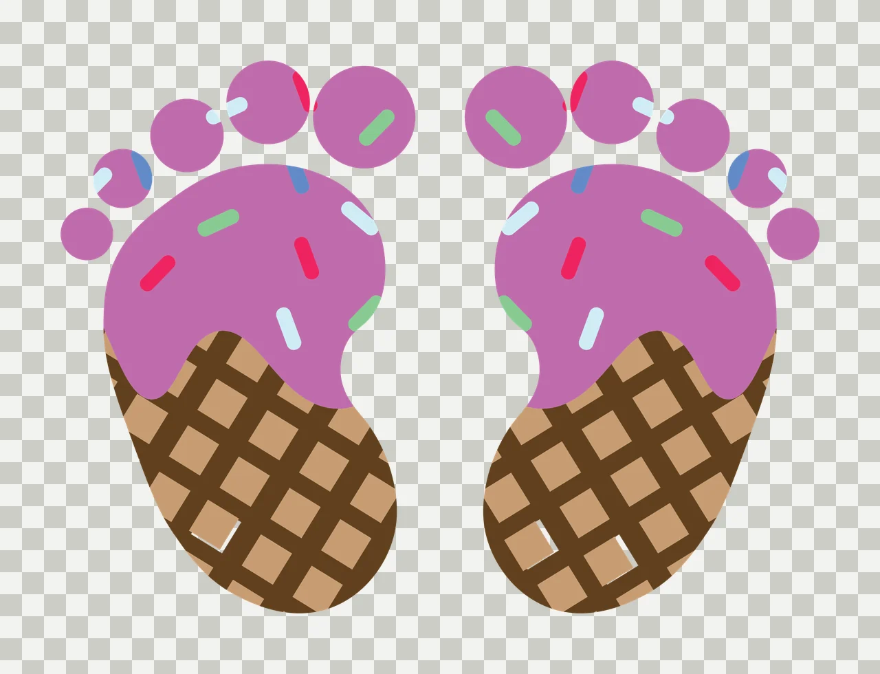 Ice cream footprints design with purple ice cream scoop, brown waffle cone sole, multicolored sprinkles and footprint toe circles in red transparency and detail preview thumbnail