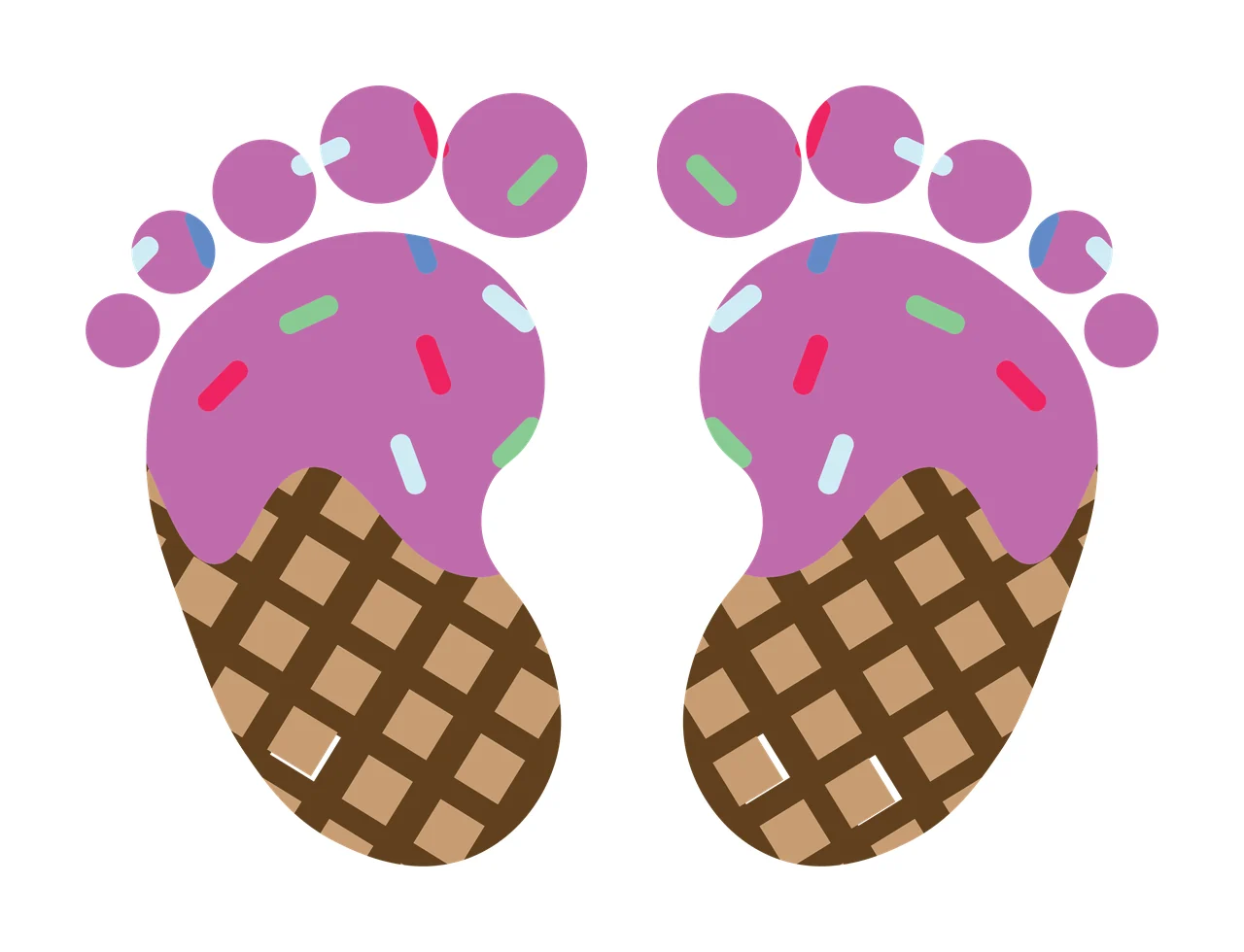 Ice cream footprints design with purple ice cream scoop, brown waffle cone sole, multicolored sprinkles and footprint toe circles in red