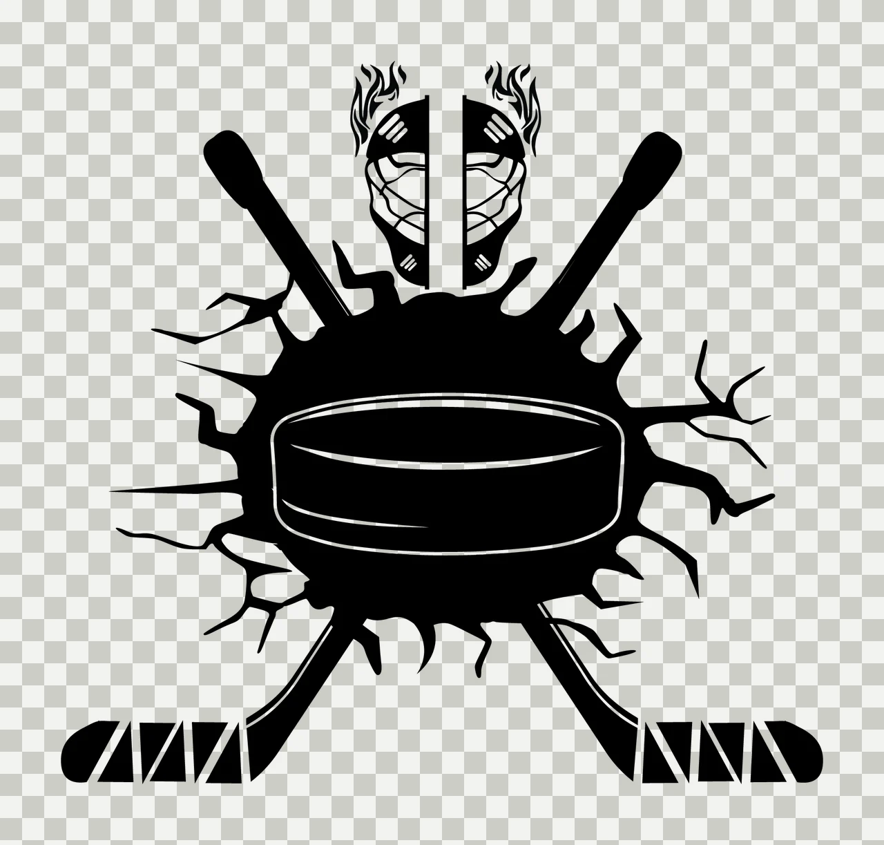 Hockey Puck And Sticks With Mask cracking flames black white transparency and detail preview thumbnail