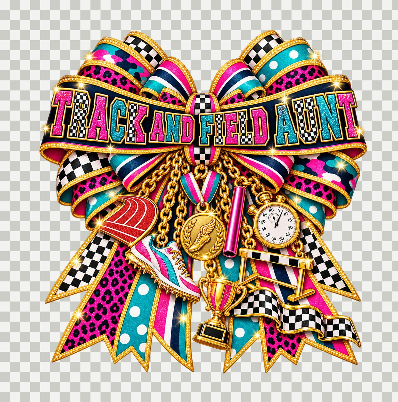 Track and Field Aunt Bow Charm PNG, Patterned Varsity Aunt Ribbon Clipart, Transparent Sublimation Digital Download transparency and detail preview thumbnail