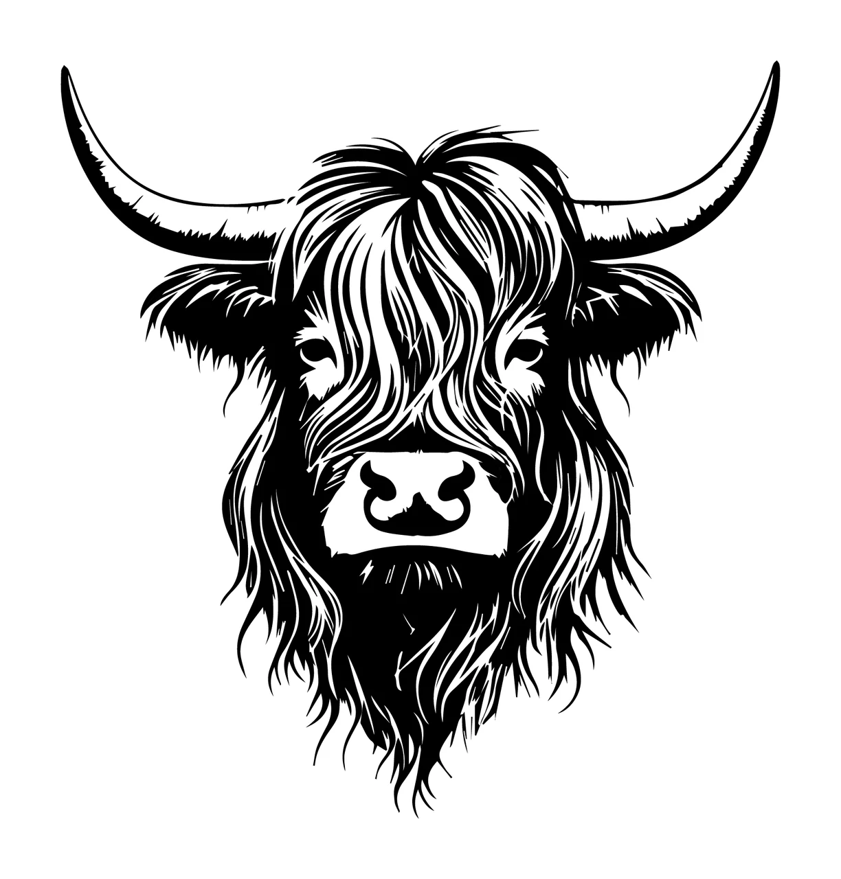 Highland Cow Head With Horns portrait fur ink illustration