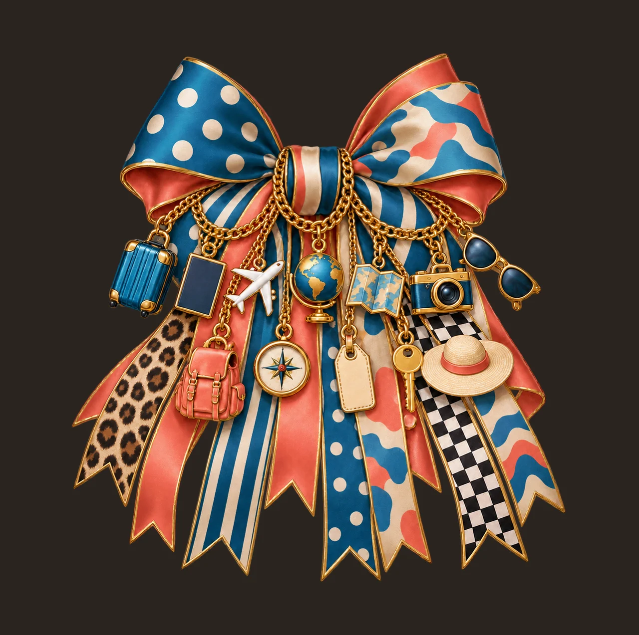 Travel Lover Bow Charm PNG, Gold Chain Charms, Transparent Sublimation Design, Digital Download contrast preview thumbnail
