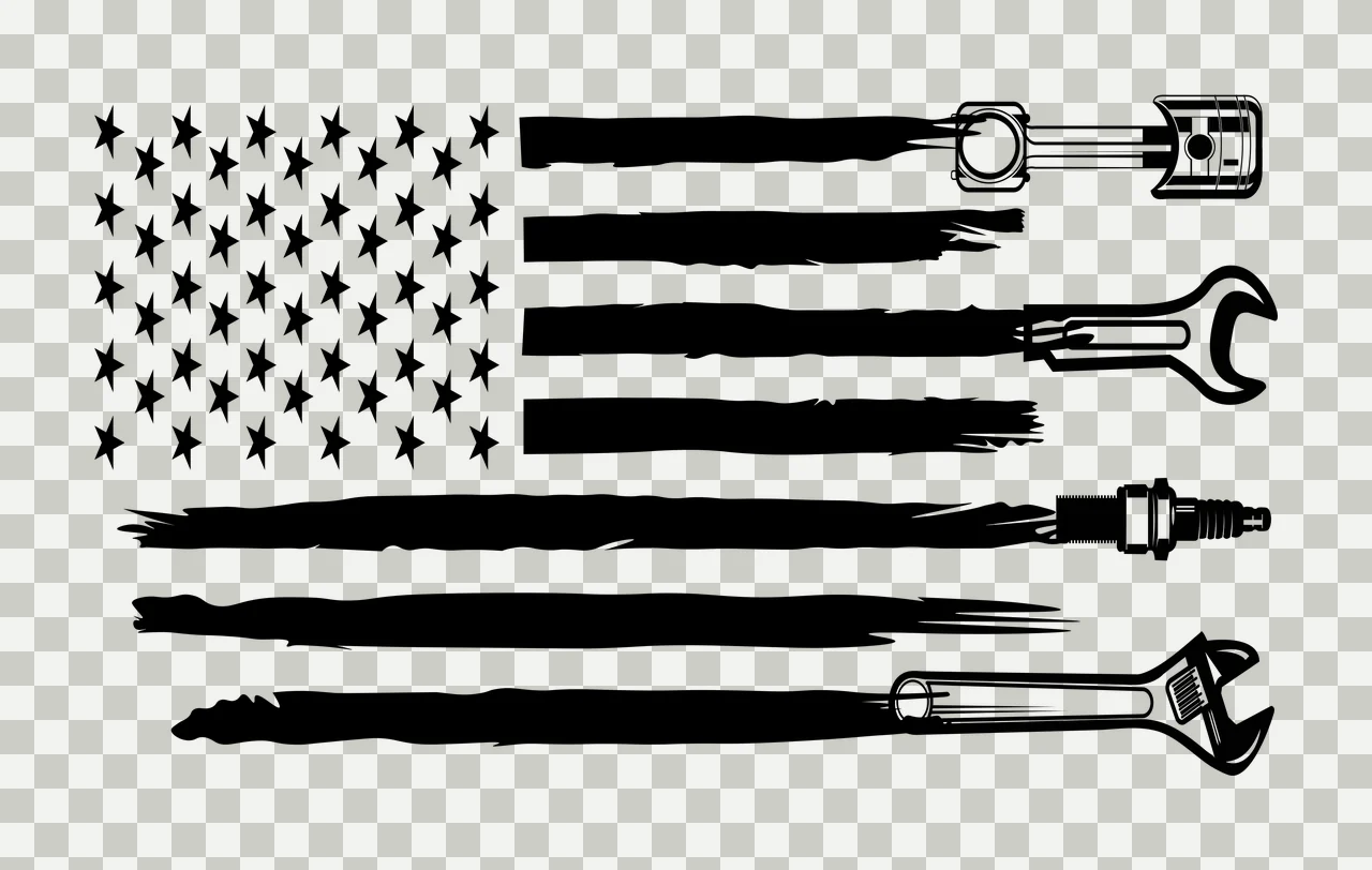 Silhouette Design of mechanic american flag with stars grid, distressed brush stroke stripes, piston and open-end wrench in black and white transparency and detail preview thumbnail