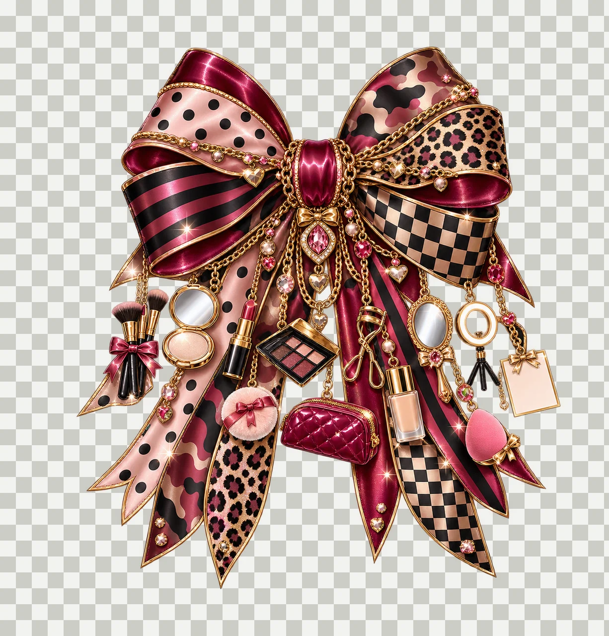 Makeup Artist Bow Charm PNG, Themed Gold Chain Charms, Coquette Ribbon Sublimation Design, Transparent Digital Download transparency and detail preview thumbnail
