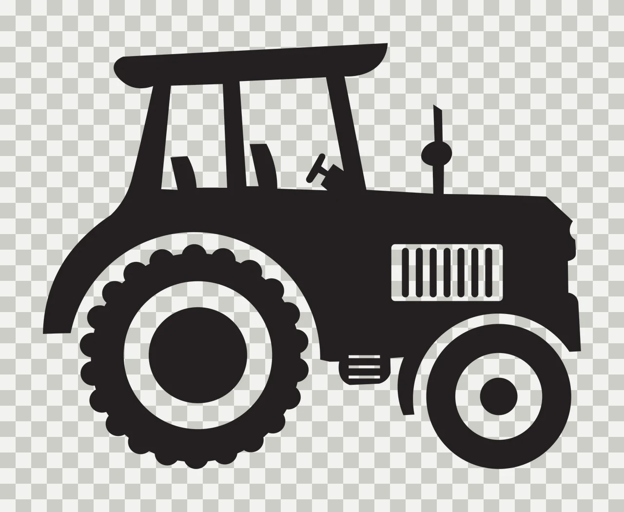Silhouette Design of Tractor with tractor body, large rear wheel, small front wheel and cab in black and white transparency and detail preview thumbnail