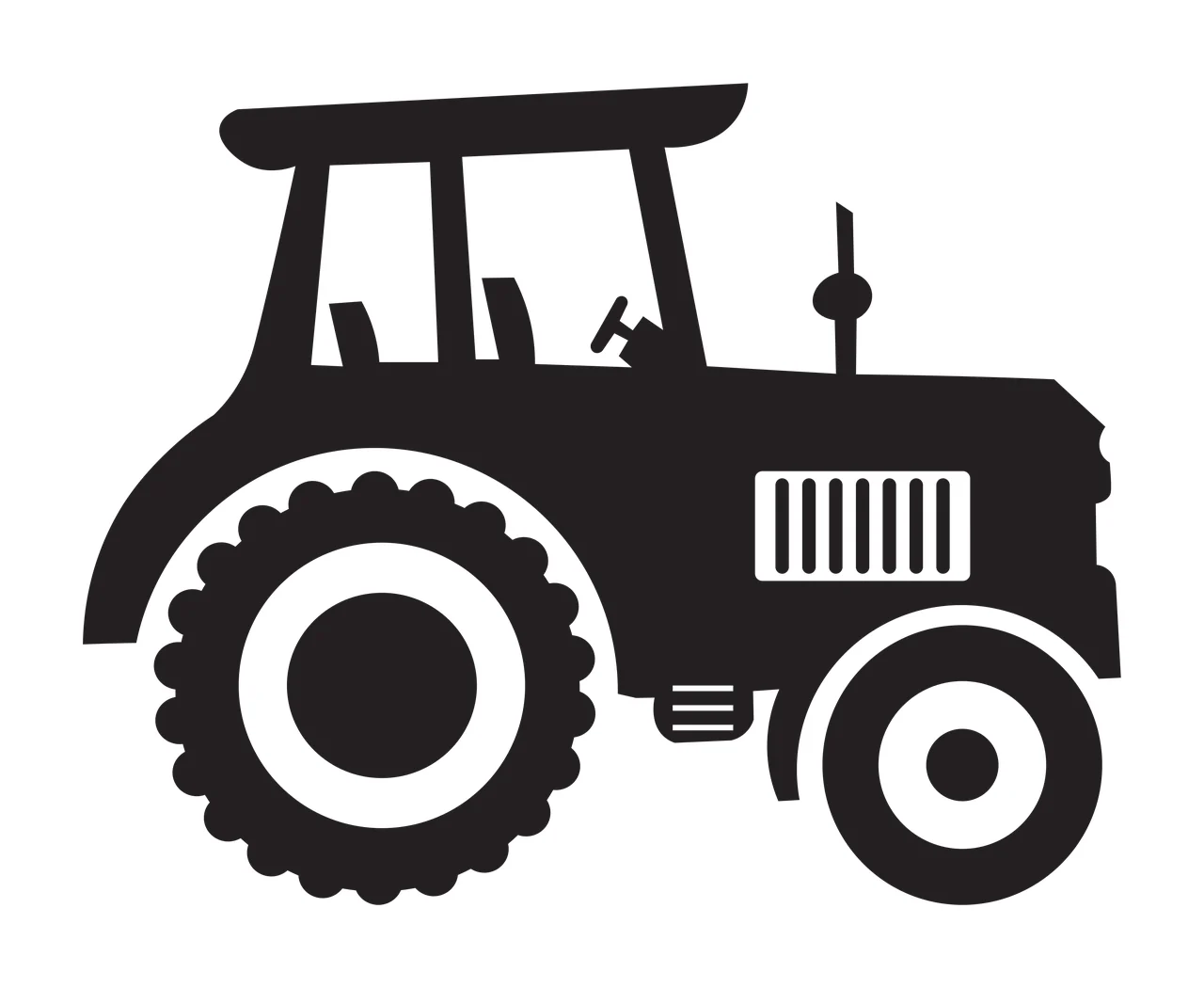 Silhouette Design of Tractor with tractor body, large rear wheel, small front wheel and cab in black and white