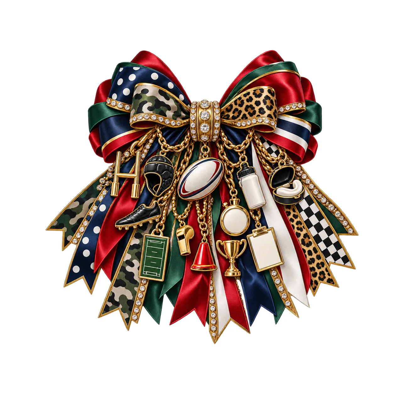Rugby Player Bow Charm PNG, Gold Chain Charms, Transparent Sublimation Design, Digital Download