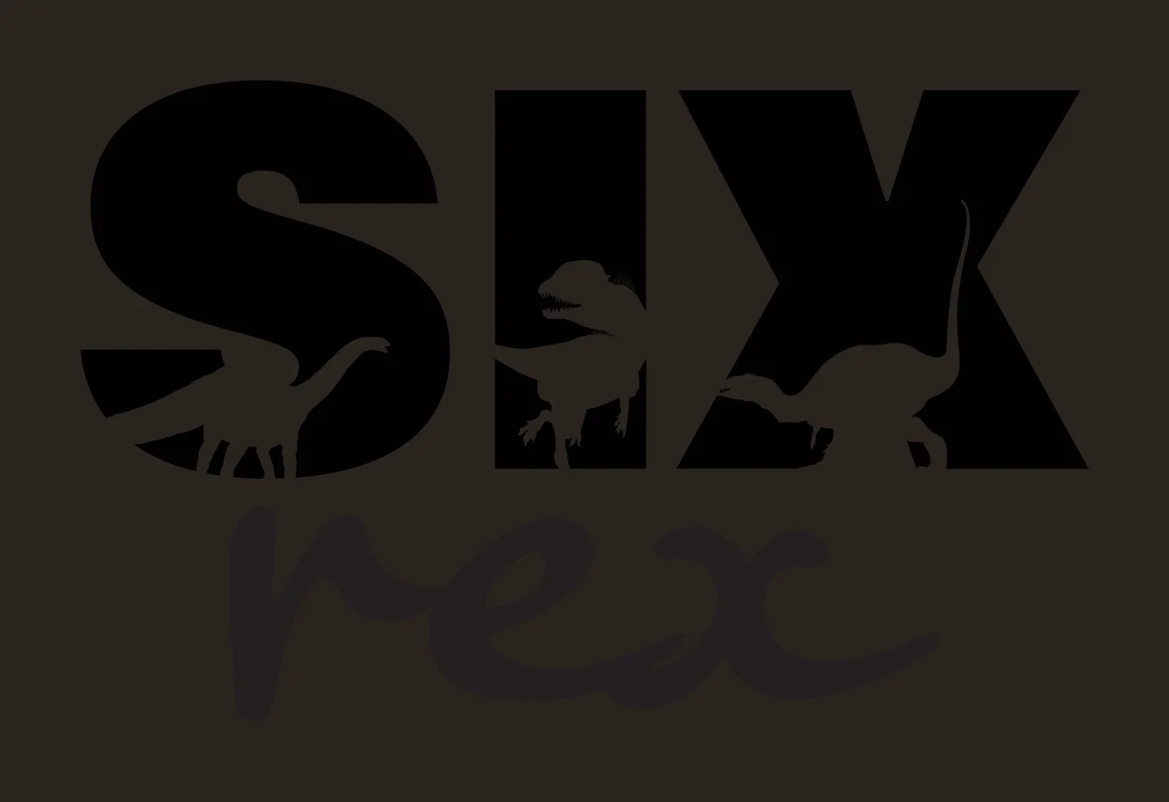 SIX rex dinosaur typography with word SIX, dinosaur silhouettes and negative space cutout in black and white contrast preview thumbnail