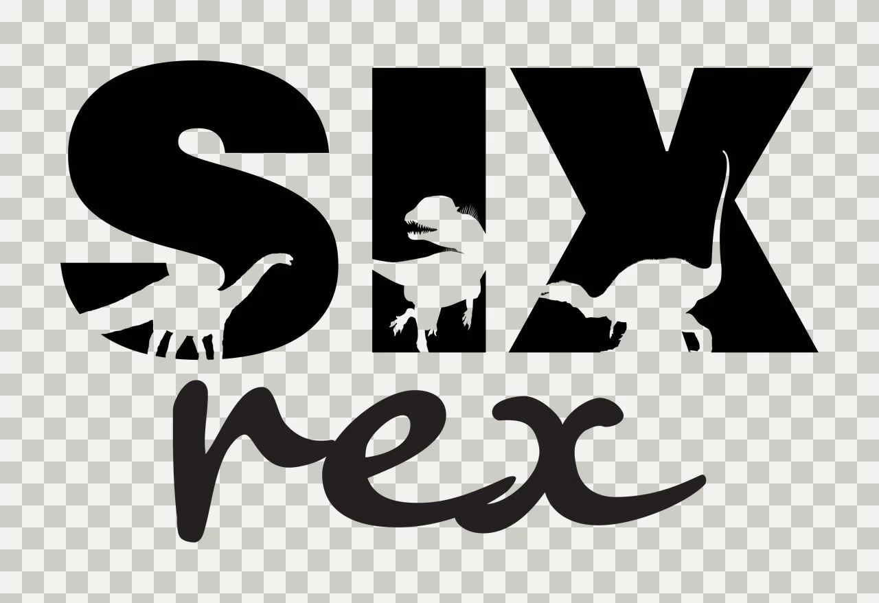 SIX rex dinosaur typography with word SIX, dinosaur silhouettes and negative space cutout in black and white transparency and detail preview thumbnail