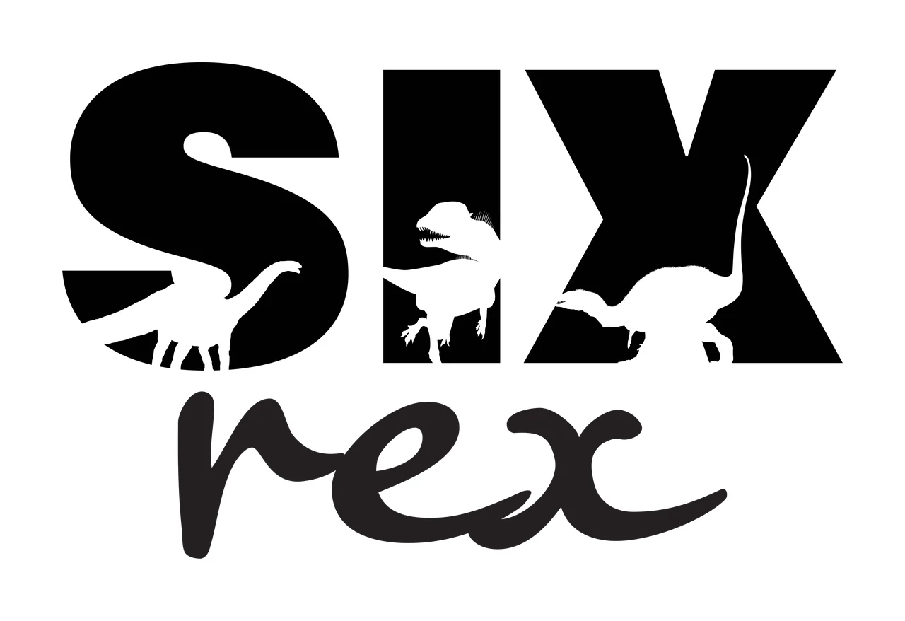 SIX rex dinosaur typography with word SIX, dinosaur silhouettes and negative space cutout in black and white