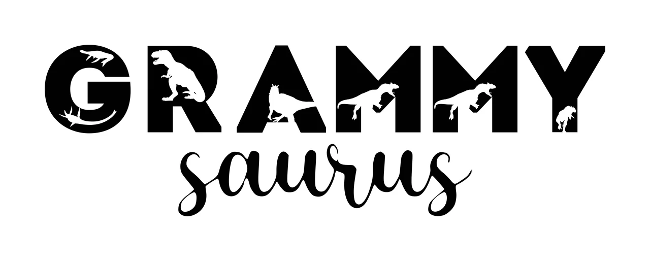 GRAMMY saurus Typography Design with GRAMMY text, dinosaur silhouettes, block font and cursive script font in black and white