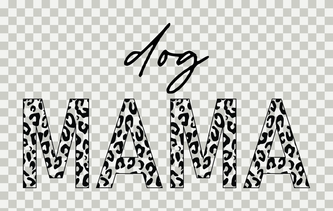 Dog MAMA Typography Design with cursive script, block lettering, leopard print pattern and animal spots in black and white transparency and detail preview thumbnail