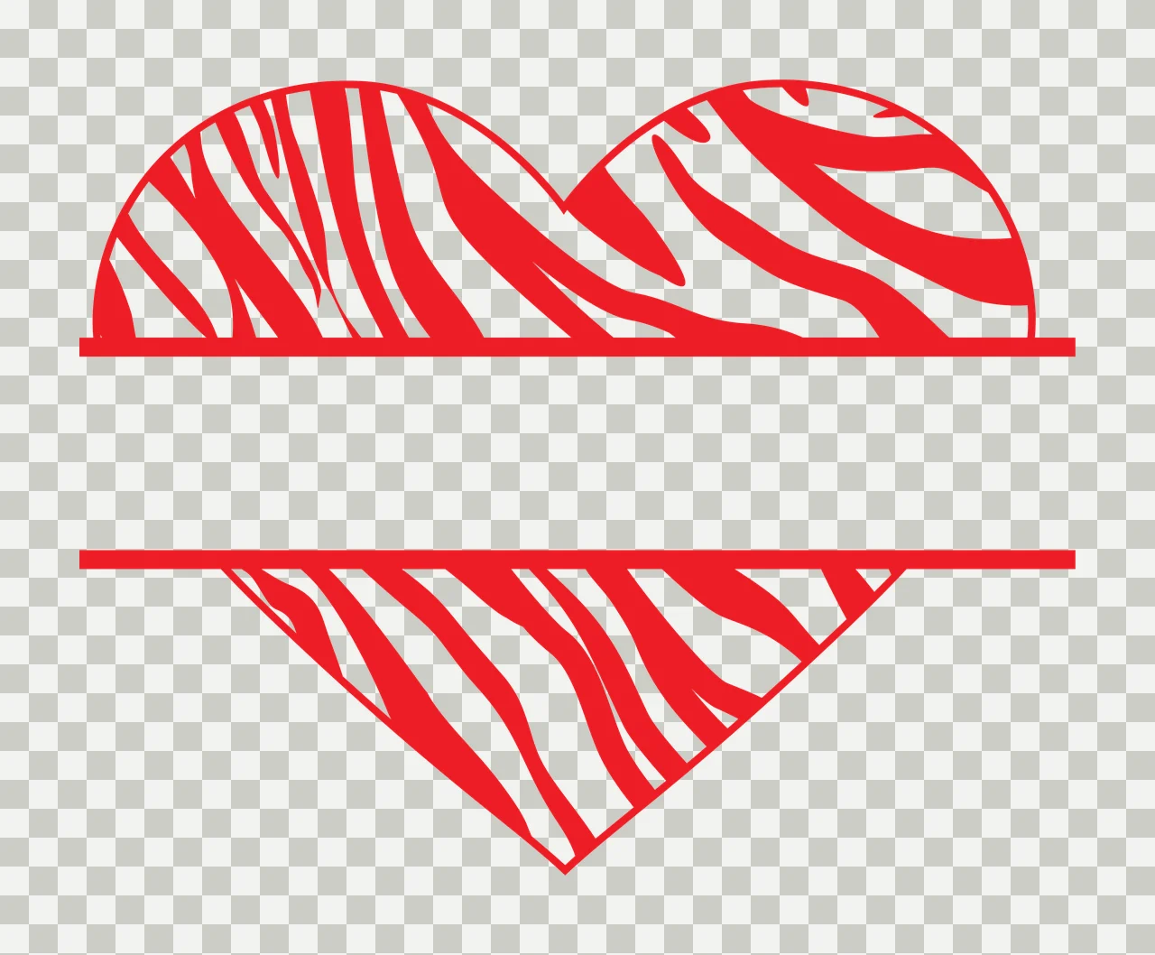 Split heart Illustration with zebra stripe pattern, horizontal bar, monogram frame and animal print in red and white transparency and detail preview thumbnail