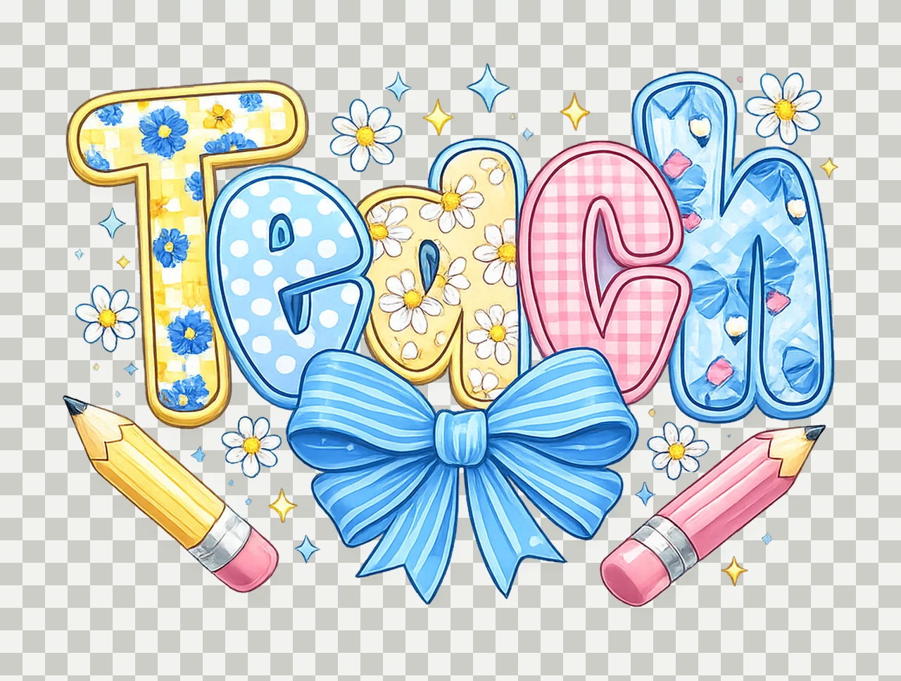 Preppy Teacher Floral Design Pencil Bow Cute Teacher Shirt transparency and detail preview thumbnail